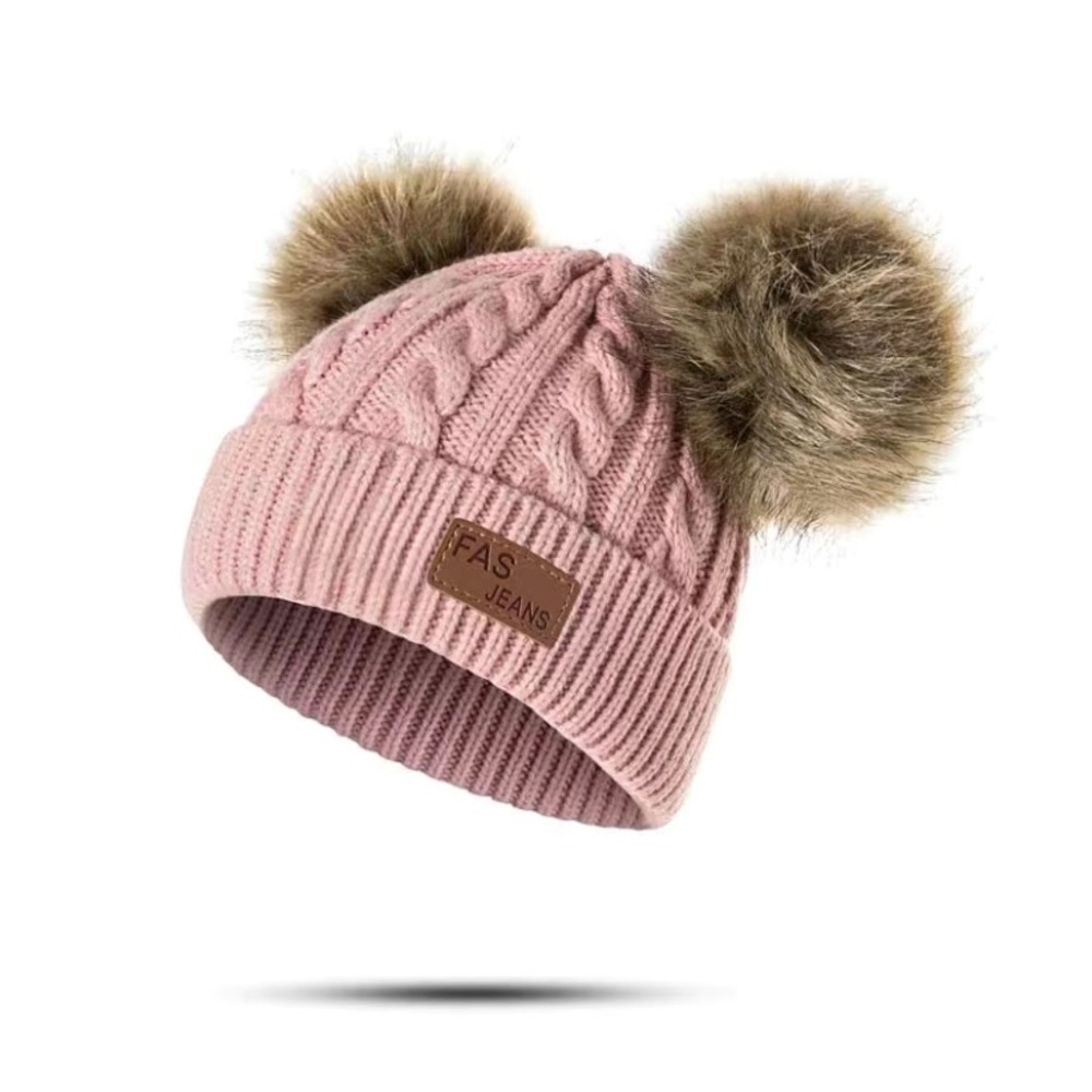 Kids girls toddler baby Knit Caps Beanie Hats Two Fur Balls Pom Pom pink